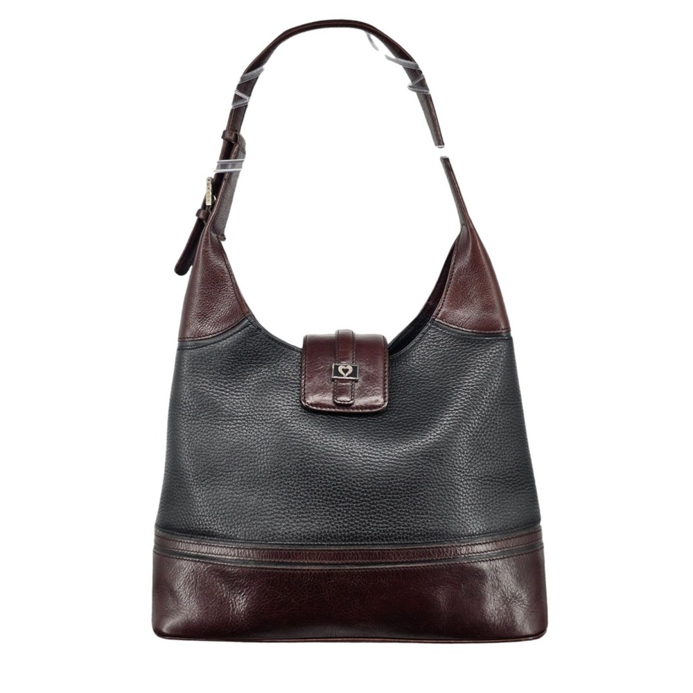 Brighton Shoulder Bag Black‎ Pebbled Leather Burgundy Trim Heart Accent Hobo